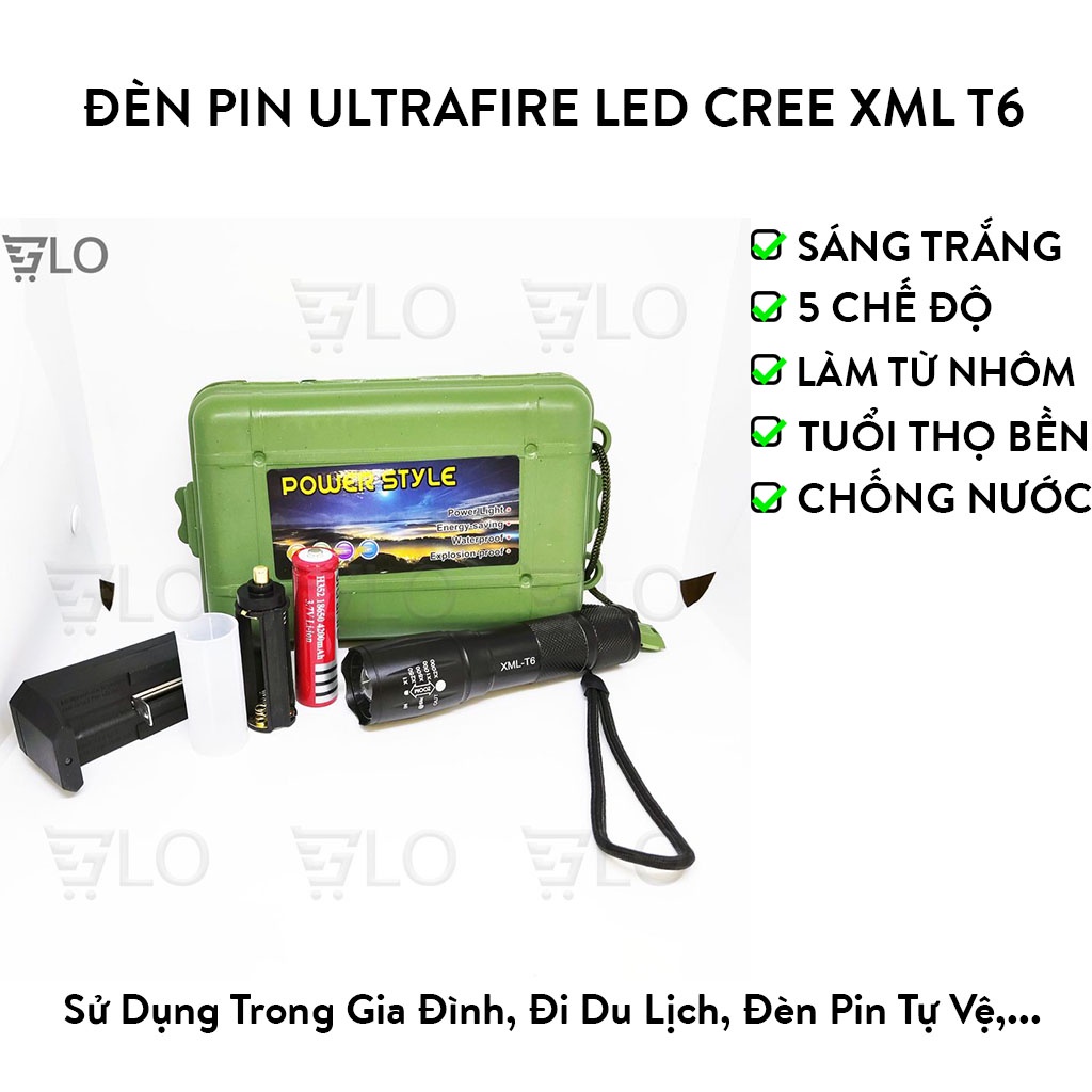 Đèn Pin Siêu Sáng UltraFire Led Cree XML T6 Cao Cấp Hợp Kim Chống Nước Pin Có Thể Sạc Lại Full box(Loại Tốt)