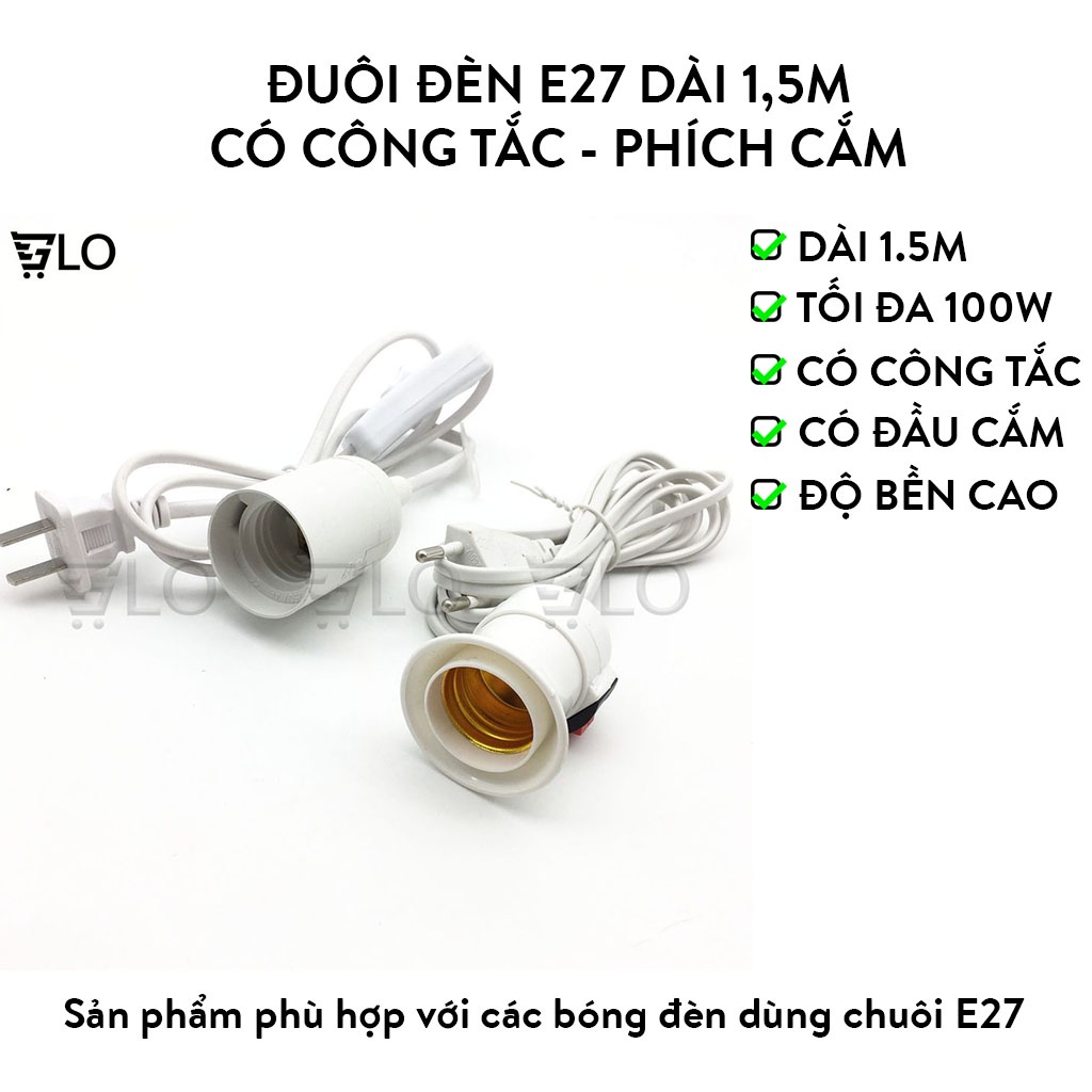 Đuôi Đèn E27 Dài 1,5m Có Công Tắc - Phích Cắm