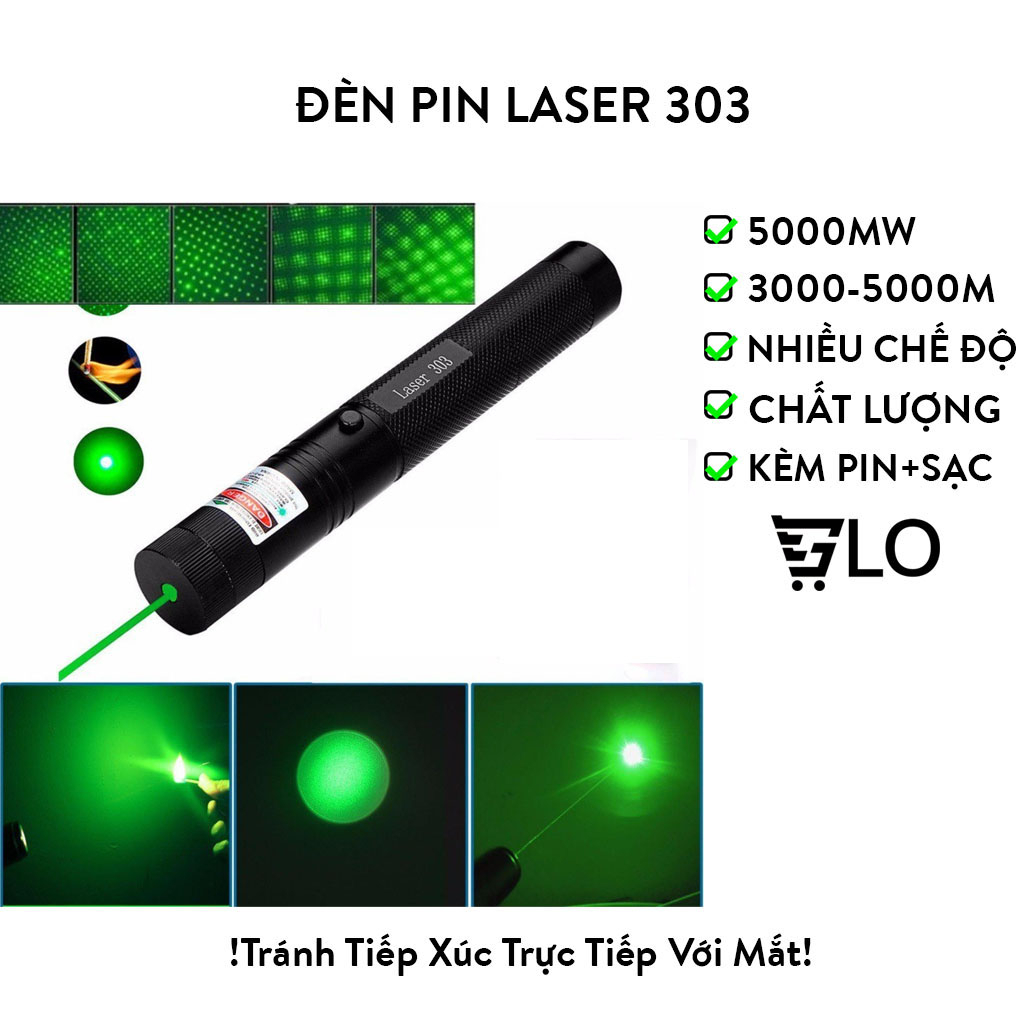 Đèn Pin Laser 303 Ánh Sáng Xanh Lá Hoặc Đỏ Chiếu Xa Cực Mạnh, Kèm Phụ Kiện Chiếu Sao Vạn Hoa Dùng Pin Sạc