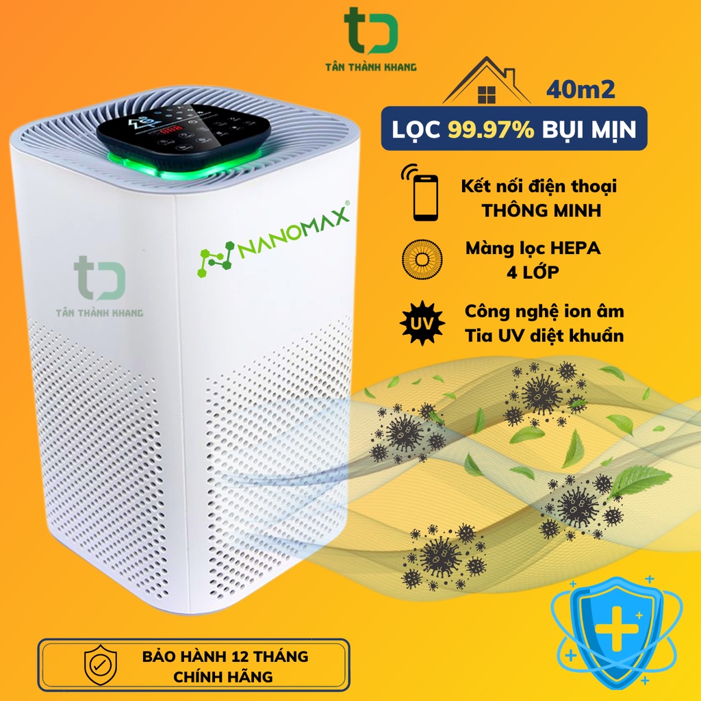 Máy Lọc Không Khí NANOMAX A-01, Bộ Lọc HEPA 4 Lớp Lọc Bụi Mịn, Màn Hình Cảm Ứng Tích Hợp Điện Thoại Thông Minh (40m2)
