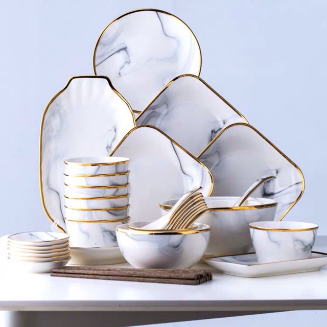 Bộ bát đĩa vân đá26 món viền vàng sang trọng, phong cách Châu Âu,thích hợp dùng trong bữa cơm gia đình và nhà hàng