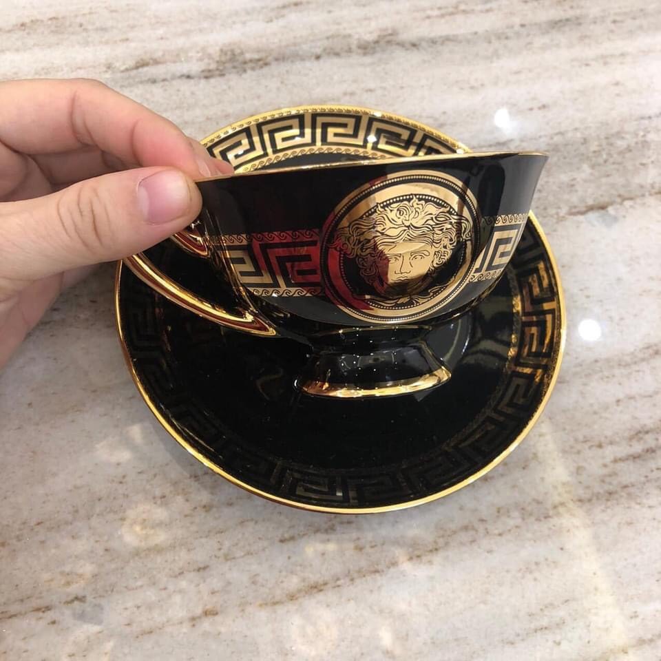 BỘ ẤM CHÉN SỨ XƯƠNG VERSACE CAO CẤP MÀU ĐEN, SANG TRỌNG, TINH TÊ