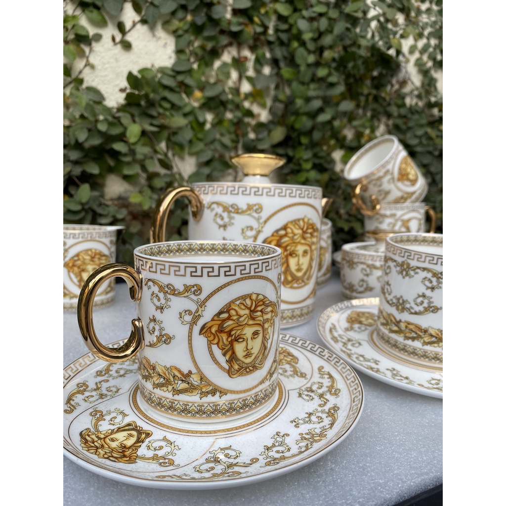 BỘ ẤM CHÉN SỨ XƯƠNG VERSACE CAO CẤP MÀU ĐEN, SANG TRỌNG, TINH TÊ