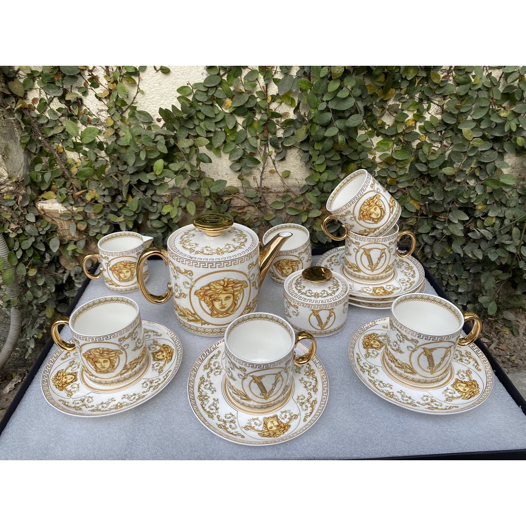 BỘ ẤM CHÉN SỨ XƯƠNG VERSACE CAO CẤP MÀU ĐEN, SANG TRỌNG, TINH TÊ