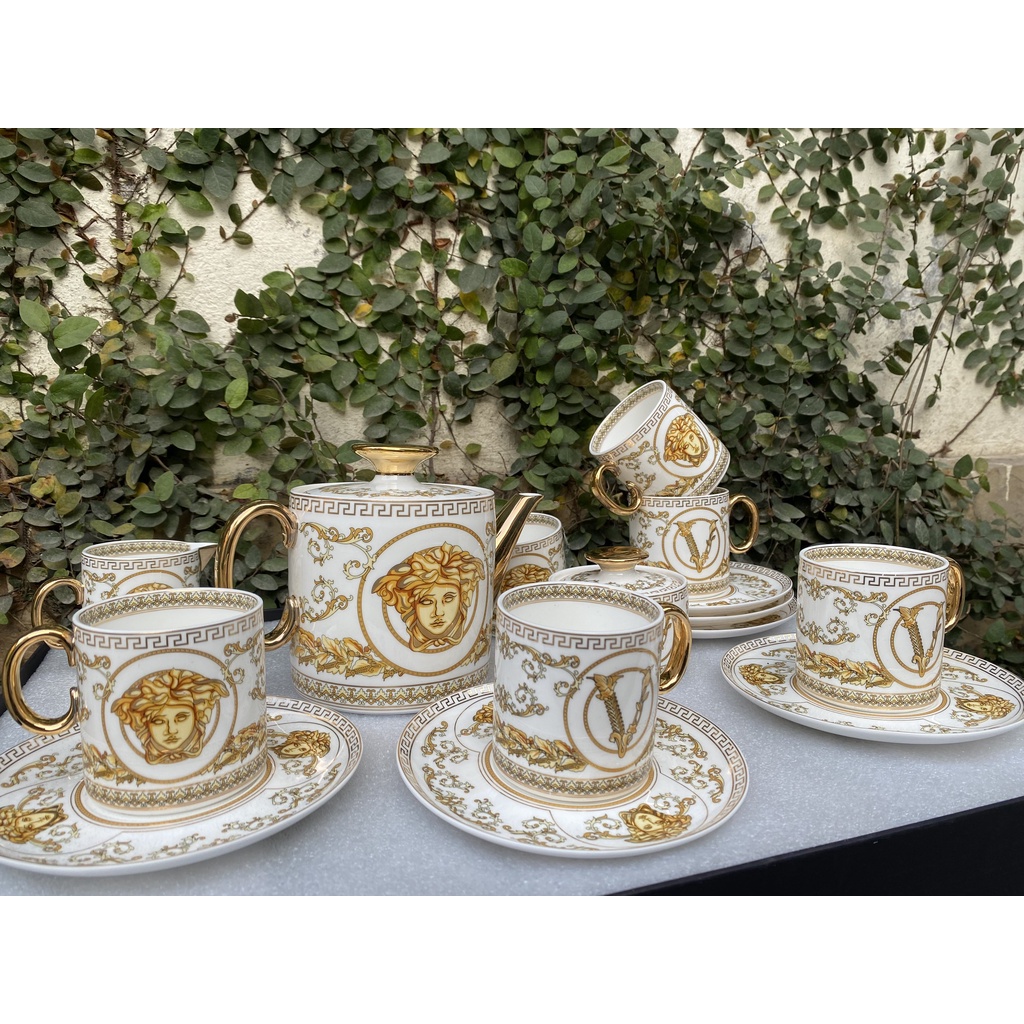 BỘ ẤM CHÉN SỨ XƯƠNG VERSACE CAO CẤP MÀU ĐEN, SANG TRỌNG, TINH TÊ