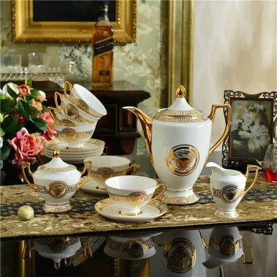 BỘ ẤM CHÉN SỨ XƯƠNG VERSACE CAO CẤP MÀU TRẮNG VIỀN VÀNG, SANG TRỌNG, TINH TÊ