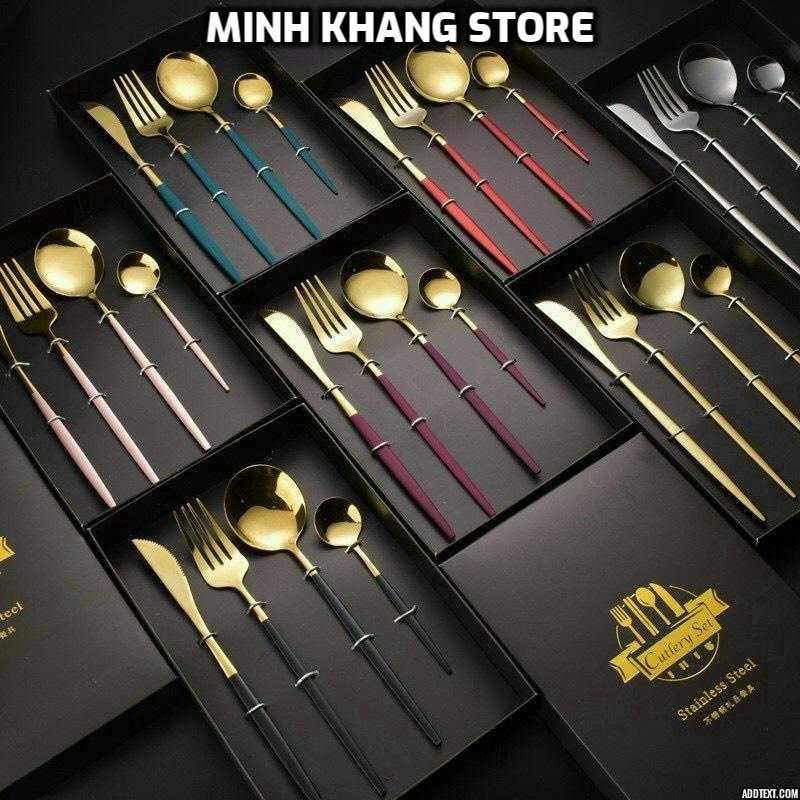 Bộ dao, dĩa, muỗng, thìa cafe set combo 4 món thép không gỉ cao cấp mạ vàng full màu, sang trọng, phong cách Châu Âu