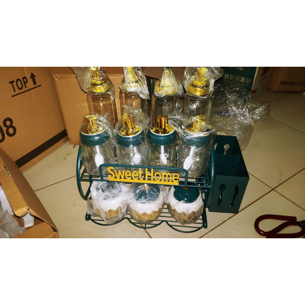 bộ hũ đựng gia vị cao cấp bằng sứ sweethome 13 món 909 ( tặng kèm 3 thìa mạ vàng)