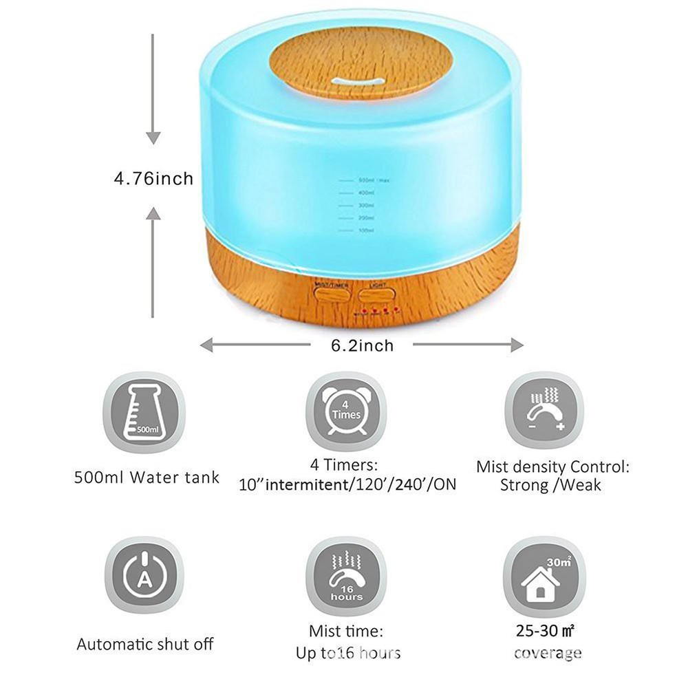 Máy Khuếch Tán Tinh Dầu Phun Sương HÌNH TRỤ TRÒN VÂN GỖ 500ML tặng kèm tinh dầu 10ml