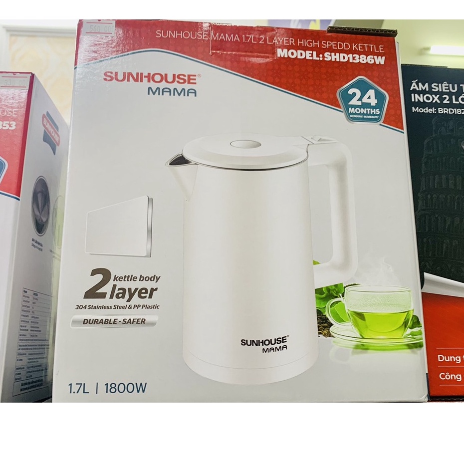 Bình đun siêu tốc 1.7 lít Sunhouse Mama SHD1386W chất liệu inox 2 lớp - Bảo hành chính hãng 2 năm
