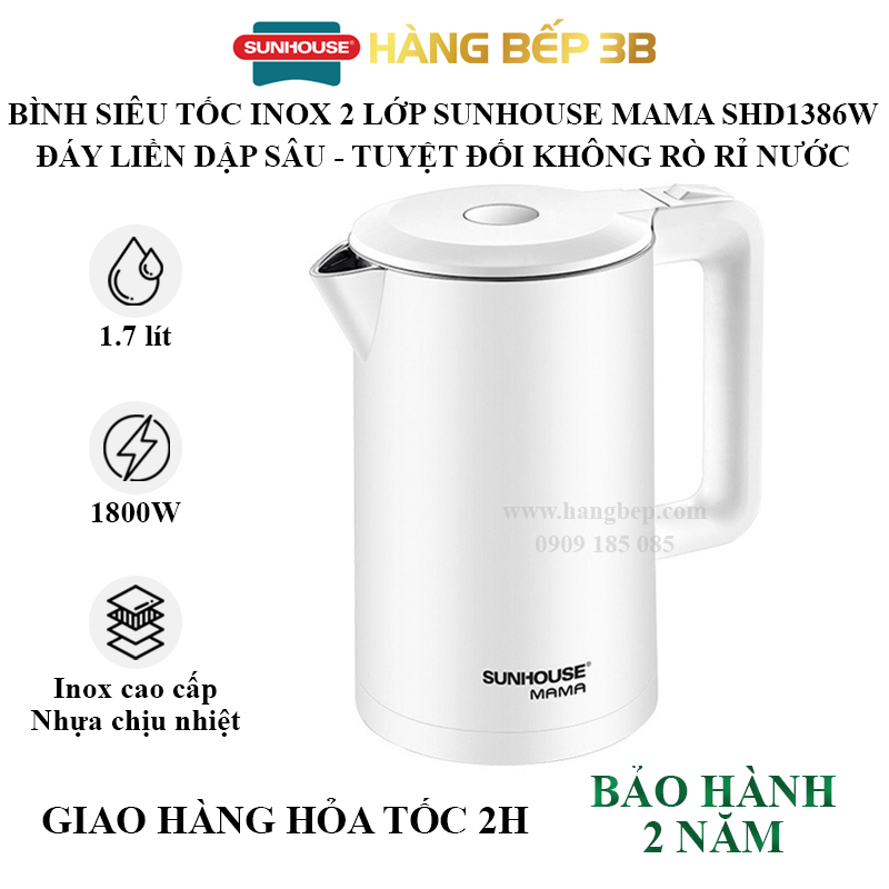 Bình đun siêu tốc 1.7 lít Sunhouse Mama SHD1386W chất liệu inox 2 lớp - Bảo hành chính hãng 2 năm