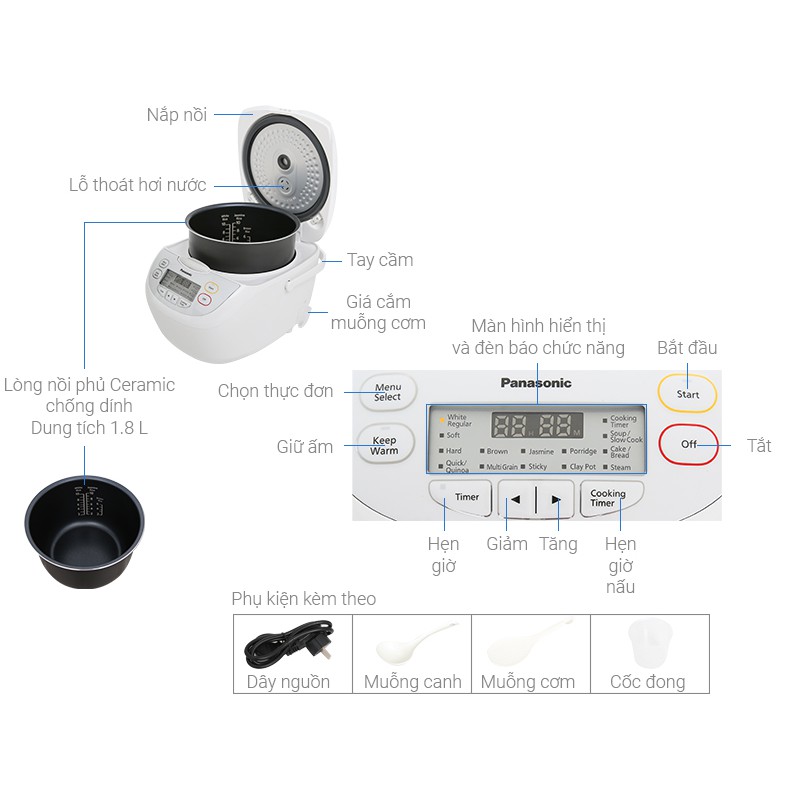 Nồi cơm điện tử Panasonic 1.8 lít SR-CL188WRA - Sản xuất Malaysia - Bảo hành chính hãng 1 năm toàn quốc
