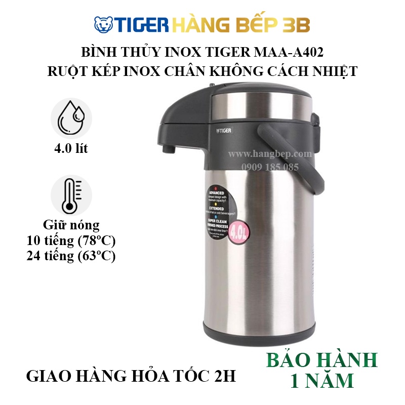 Bình thủy Tiger MAA-A302 (3 lít) / MAA-A402 (4 lít) - Rót nước bằng pittông, đế xoay 360º tiện lợi