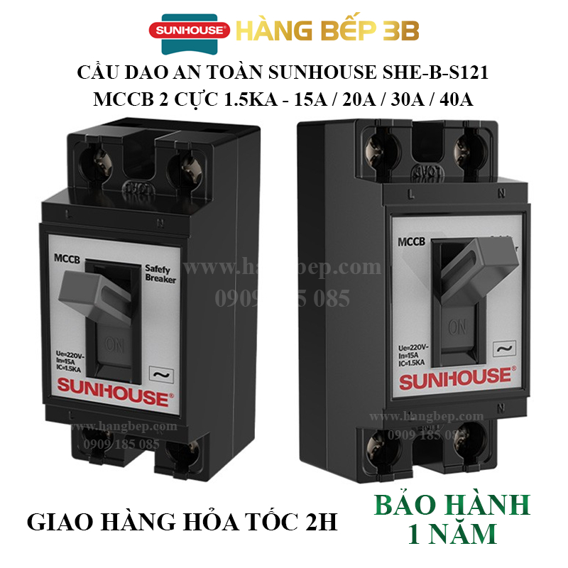 Cầu dao an toàn 2 cực Sunhouse SHE-B-S121/15A-B - MCCB 2P 15A~40A - Thiết bị đóng ngắt - Hàng Bếp 3B