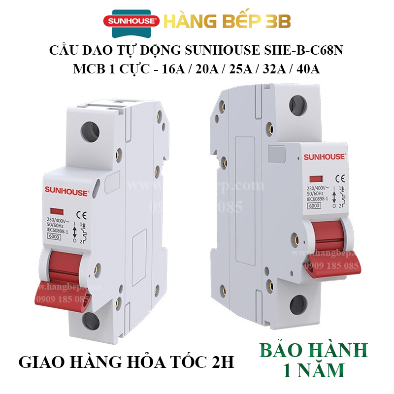 Cầu dao tự động Sunhouse MCB 1 cực 220VAC SHE-B-C68N - Chống quá dòng, quá tải và ngắn mạch -  Hàng Bếp 3B