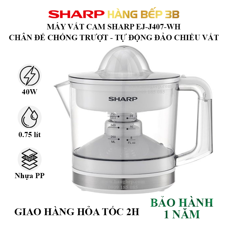 Máy vắt cam Sharp EJ-J407-WH - Dung tích 750ml - Tự động đảo chiều vắt - Bảo hành 12 tháng - Hàng Bếp 3B