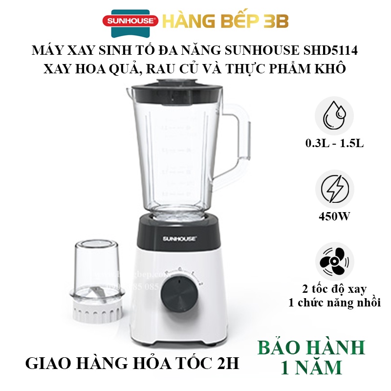Máy xay sinh tố Sunhouse SHD5114 - Cối say siêu bền - 3 chức năng xay đa năng - Hàng Bếp 3B
