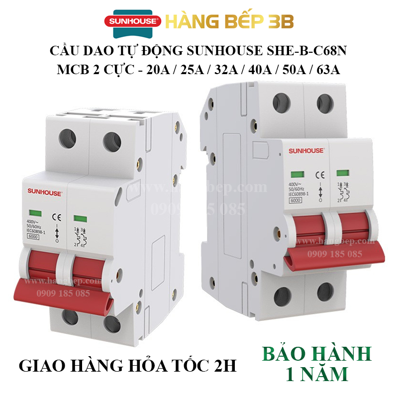 Cầu dao tự động SHE-B-C68N/2020 Sunhouse MCB 2 cực 220VAC - Chống quá dòng, quá tải và ngắn mạch - Hàng Bếp 3B