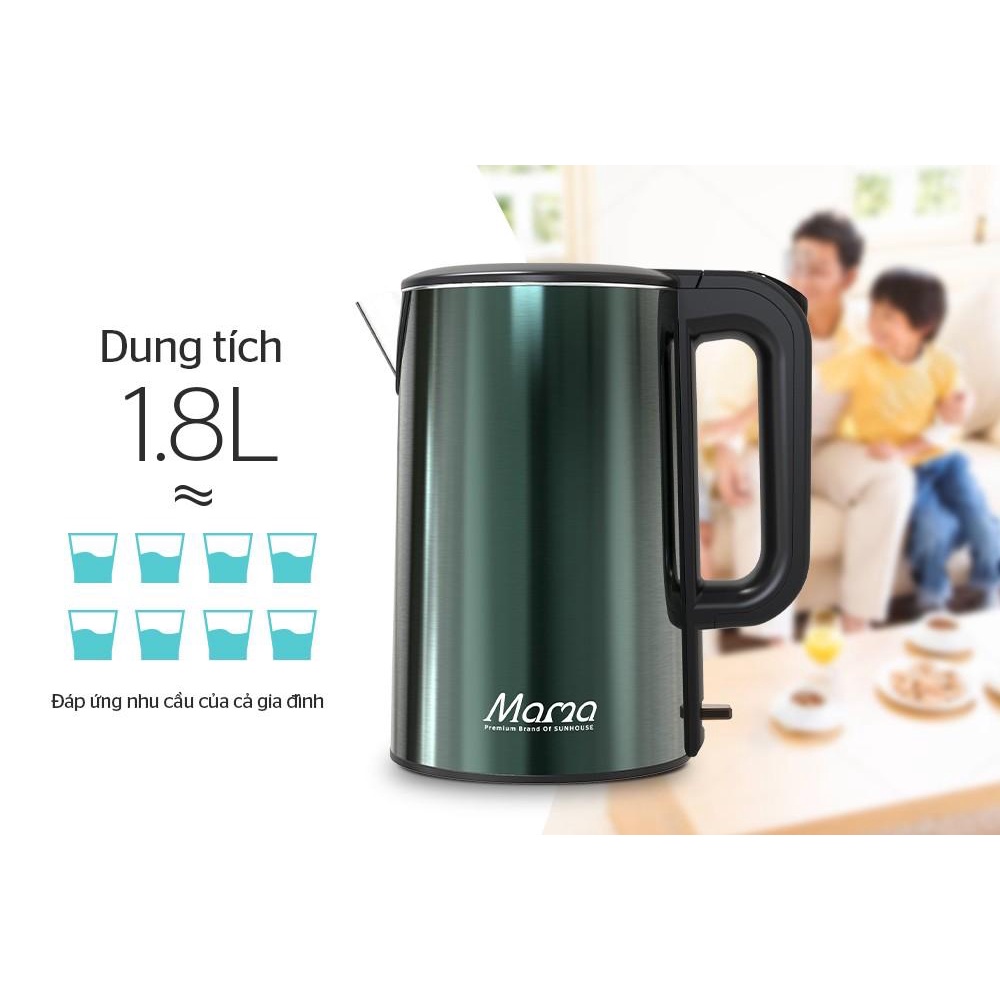 Bình đun siêu tốc 3 lớp Sunhouse Mama 1.8 lít SHD1389 - Bảo hành chính hãng 2 năm - Hàng Bếp 3B
