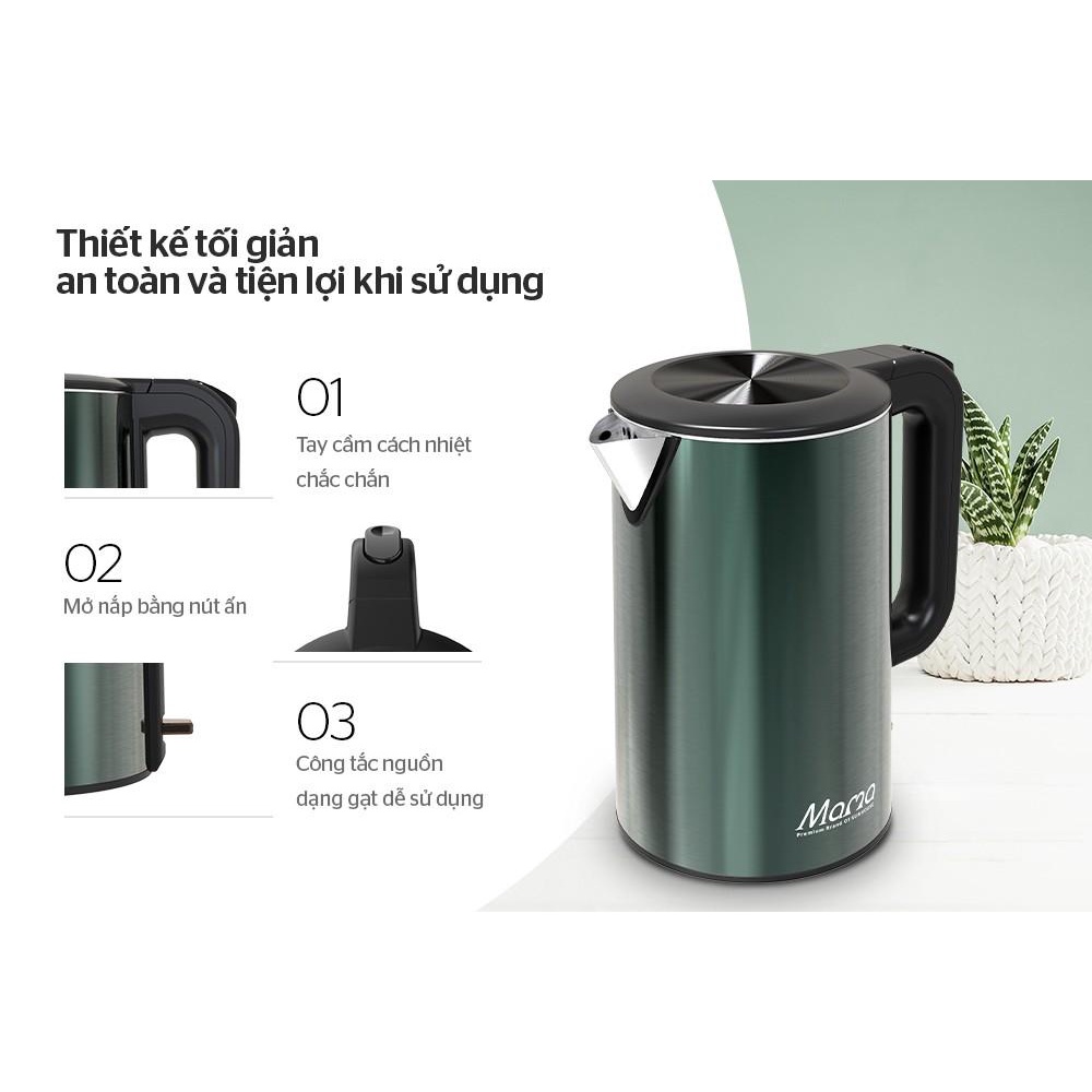 Bình đun siêu tốc 3 lớp Sunhouse Mama 1.8 lít SHD1389 - Bảo hành chính hãng 2 năm - Hàng Bếp 3B