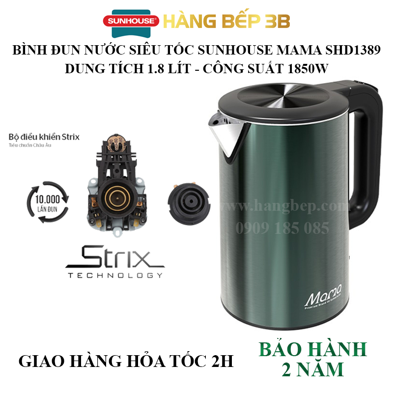 Bình đun siêu tốc 3 lớp Sunhouse Mama 1.8 lít SHD1389 - Bảo hành chính hãng 2 năm - Hàng Bếp 3B