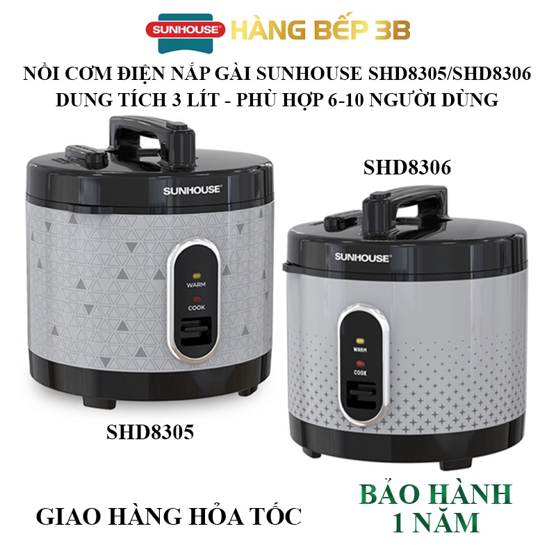 Nồi cơm điện Sunhouse 3.0L nắp gài SHD8305/SHD8306 - Bảo hành chính hãng 1 năm - Hàng Bếp 3B