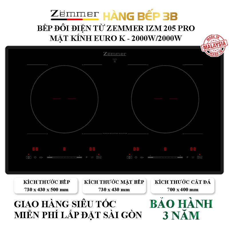 Bếp điện từ đôi Inverter Zemmer IZM-205 PRO - Sản phẩm chính hãng -  Hàng Bếp 3B