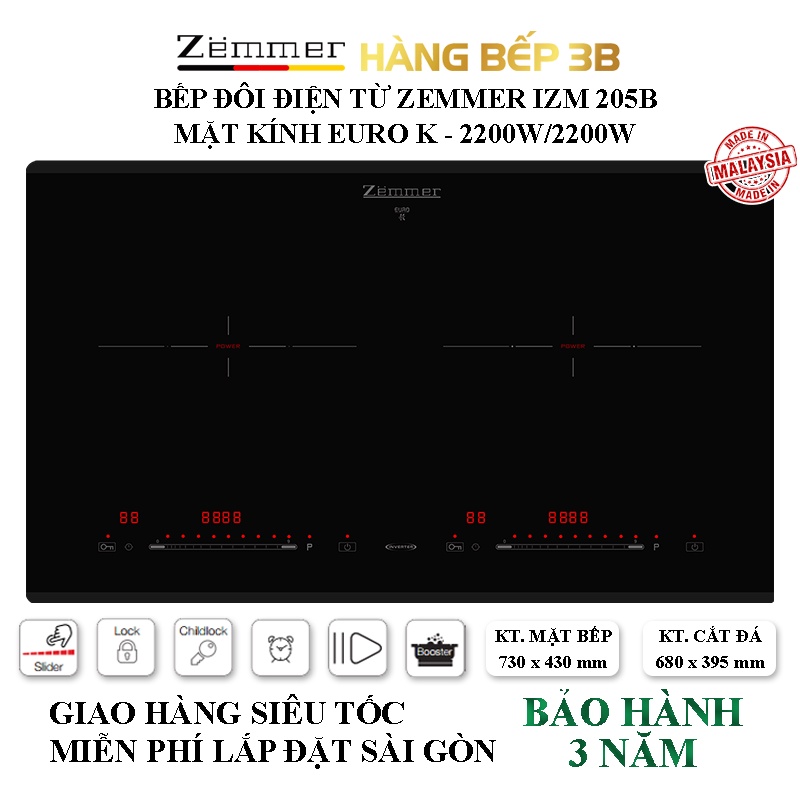 Bếp đôi điện từ Inverter Zemmer IZM-205B - Hàng Bếp 3B - Có bảo hành