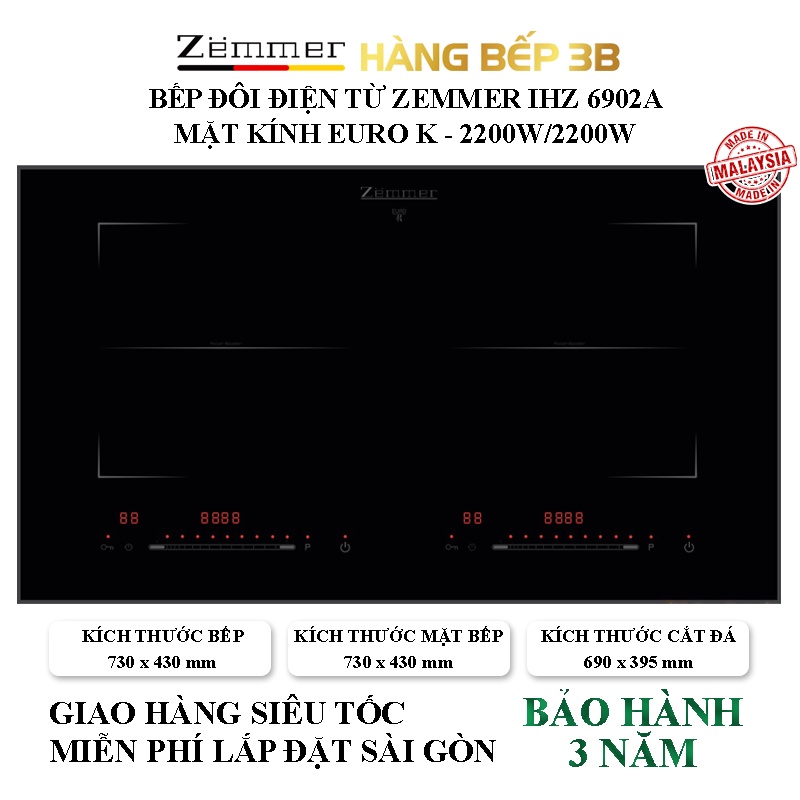 Bếp điện từ đôi Inverter Zemmer IHZ 6902A -  Có bảo hành - Hàng Bếp 3B
