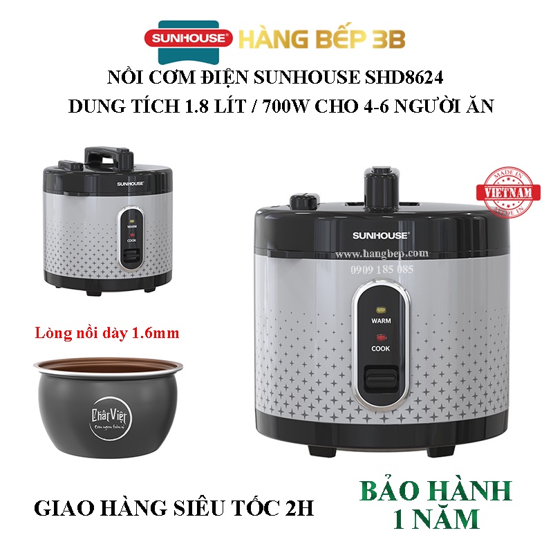 Nồi cơm điện nắp liền Sunhouse 1.8 lít SHD8624 -Model mới 3.2023 - Chính hãng -  Hàng Bếp 3B