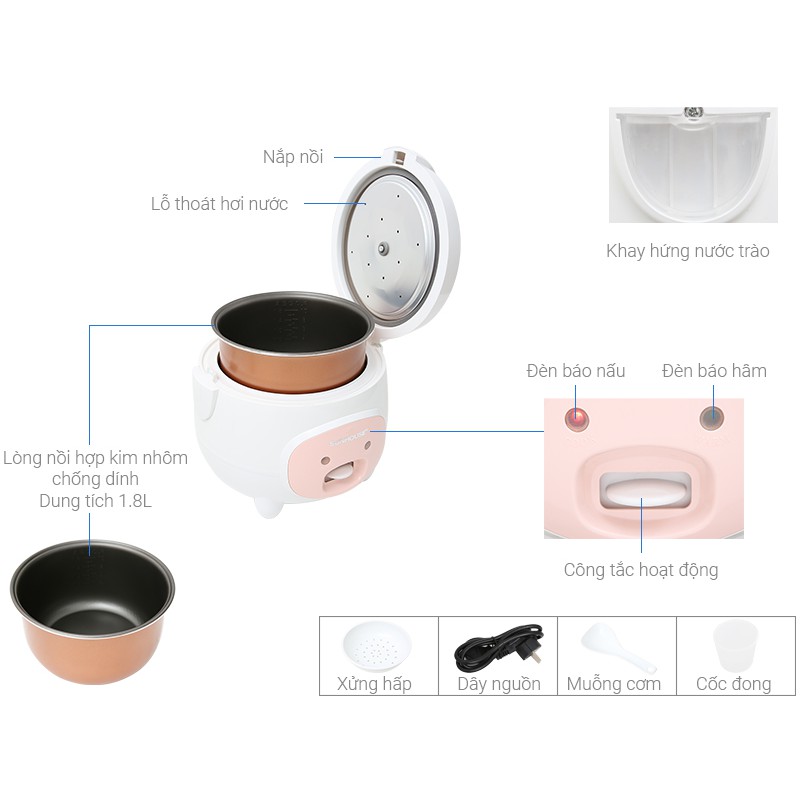 Nồi cơm điện nắp gài Sunhouse 1.8 lít SHD8607W - Bảo hành chính hãng 12 tháng toàn quốc