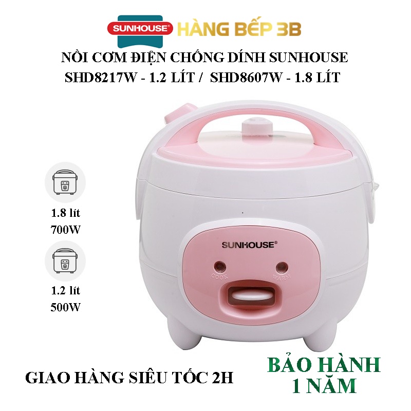 Nồi cơm điện nắp gài Sunhouse 1.8 lít SHD8607W - Bảo hành chính hãng 12 tháng toàn quốc