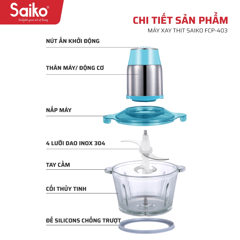 Máy xay thịt đa năng cối thủy tinh Saiko FCP-403 (300W) - Bảo hành chính hãng 18 tháng toàn quốc