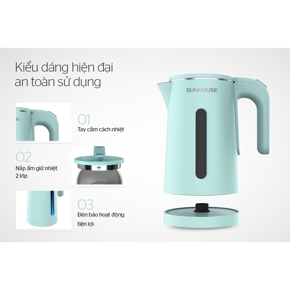 Bình đun nước siêu tốc inox 2 lớp 1.8 lít Sunhouse SHD1353/1351 - Bảo hành chính hãng 12 tháng toàn quốc