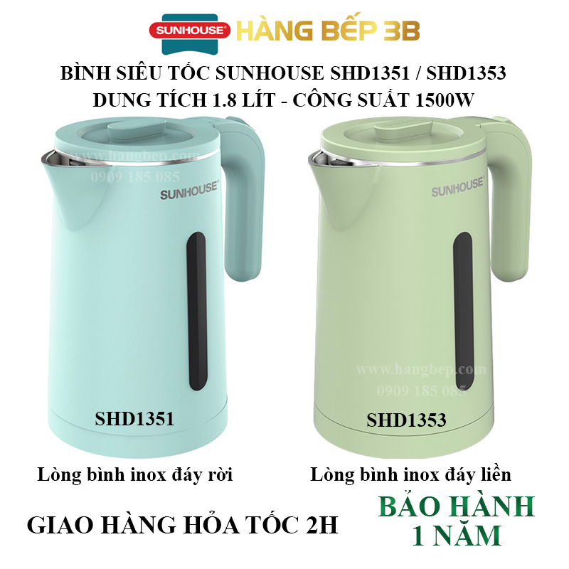 Bình đun nước siêu tốc inox 2 lớp 1.8 lít Sunhouse SHD1353/1351 - Bảo hành chính hãng 12 tháng toàn quốc