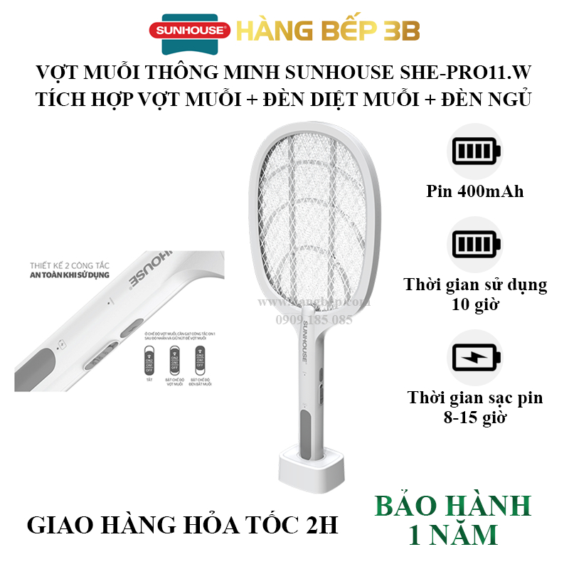 Vợt bắt muỗi 3 trong 1 Sunhouse SHE-PRO11.W - Bảo hành chính hãng 12 tháng