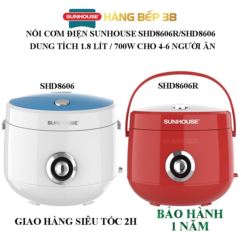 Nồi cơm nắp gài Sunhouse Mama 1.8 lít SHD8606 - Hai màu xanh, đỏ - Bảo hành chính hãng 1 năm