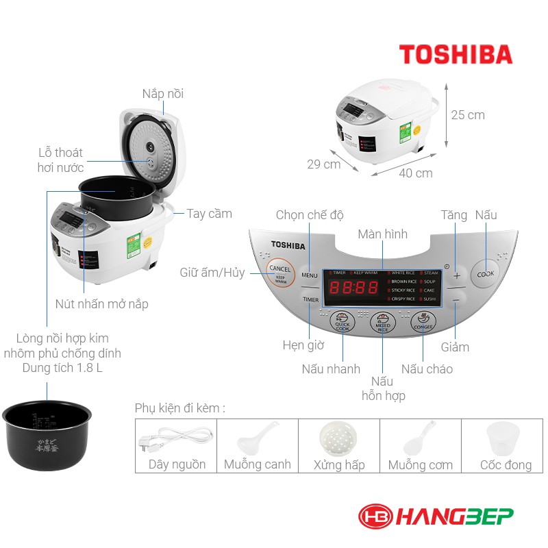 Nồi cơm điện tử Toshiba 1.8 lít RC-18DH2PV(W) / 1.0 lít RC-10DH2PV(W)