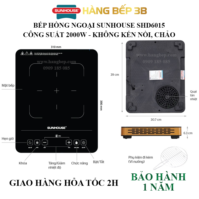 Bếp hồng ngoại cảm ứng Sunhouse SHD 6015 + Vỉ nướng - Bảo hành chính hãng 12 tháng