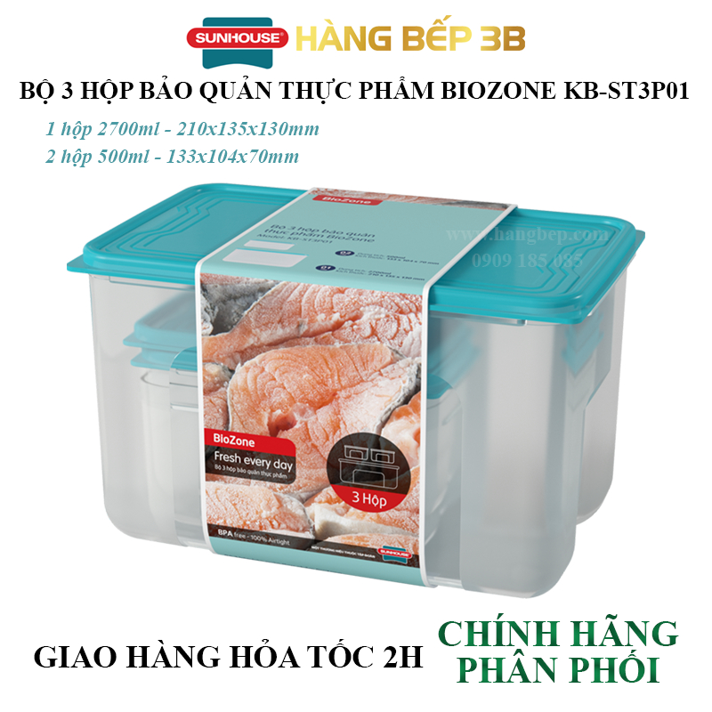 Bộ 3 hộp bảo quản thực phẩm Sunhouse Biozone KB-ST3P01 - Nhựa sạch PP nguyên sinh từ Hàn Quốc