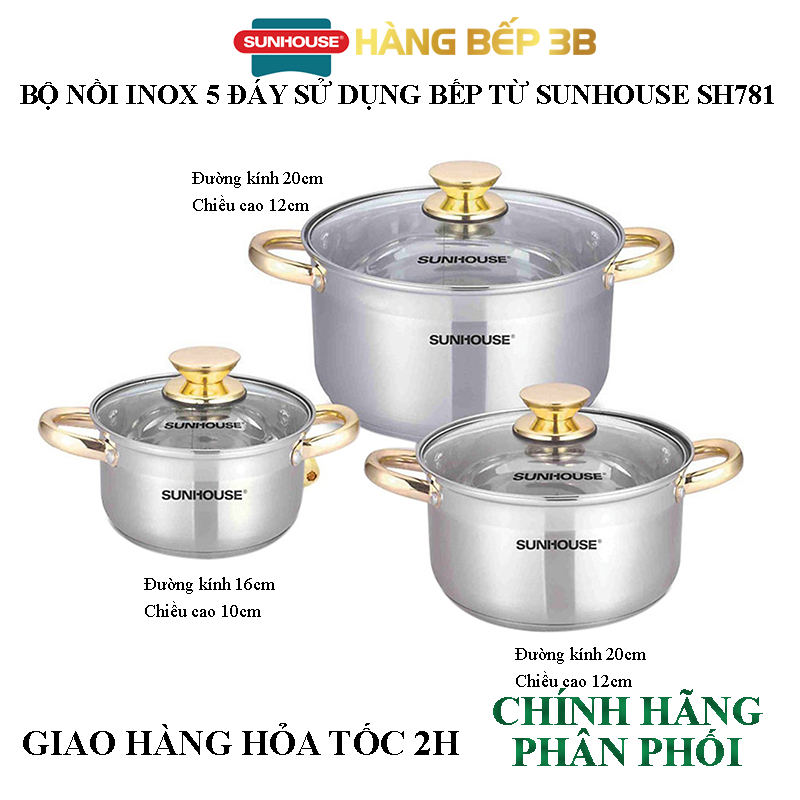 Bộ nồi inox 5 đáy Sunhouse SH781 (16cm/20cm/24cm)