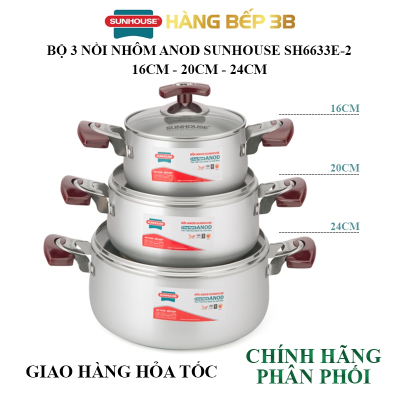 Bộ 3 nồi nhôm Anod Sunhouse SH6633E-2 (16cm/20cm/24cm)