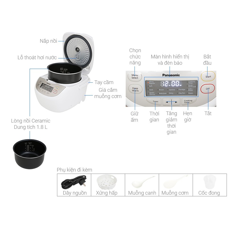 Nồi cơm điện tử Panasonic 1.8 lít SR-CP188NRA - Sản xuất Malaysia, chính hãng bảo hành 1 năm