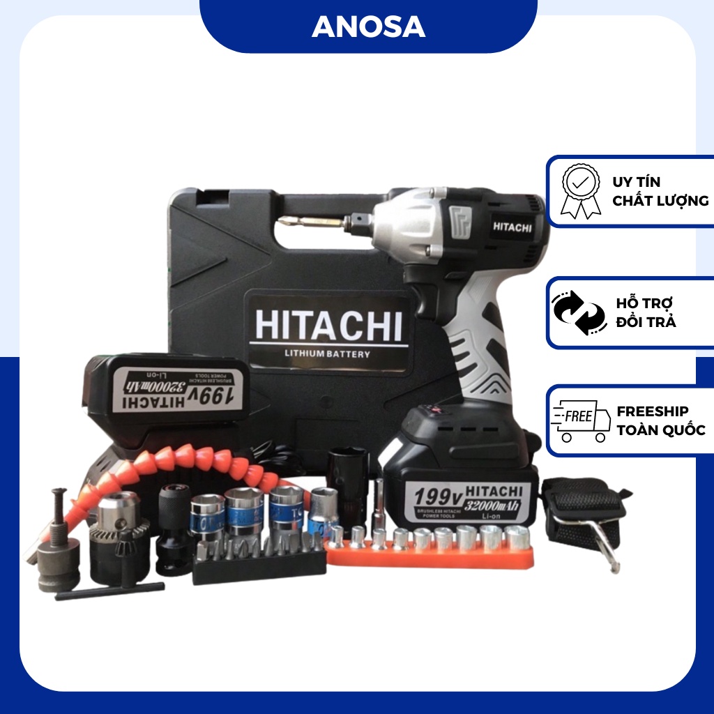 Máy siết bulong pin Hitachi 199v đầu bulong 2 trong 1, động cơ không chổi than