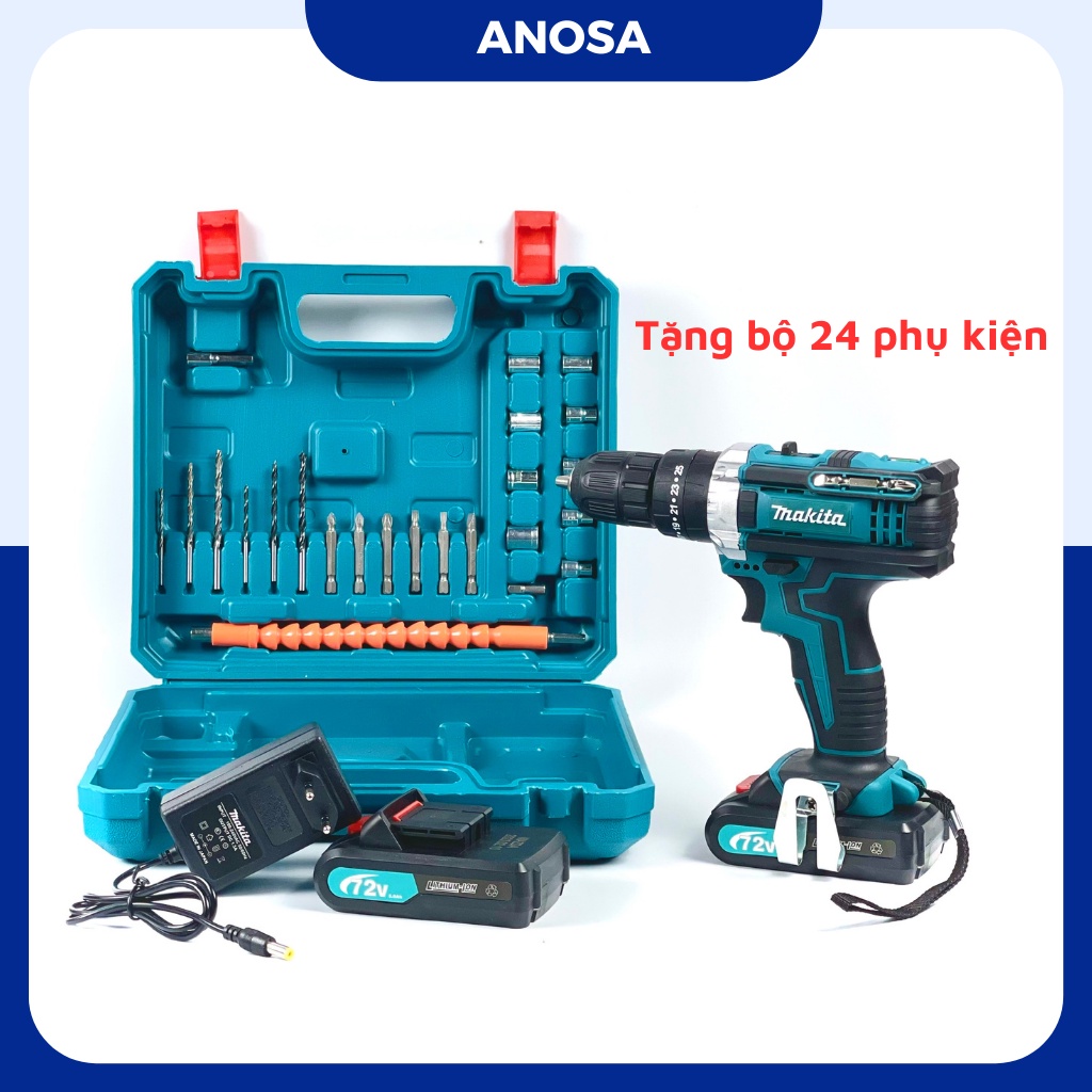 Máy khoan cầm tay pin Makita 72v, máy khoang pin 3 chức năng khoan tường, bắt vít, khoan sắt tặng phụ kiện 24 chi tiết