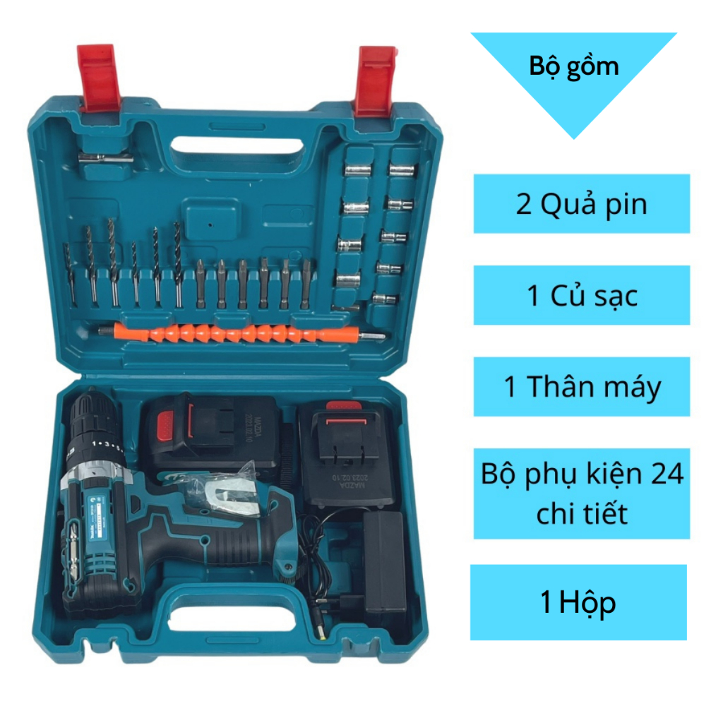 Máy khoan cầm tay pin Makita 72v, máy khoang pin 3 chức năng khoan tường, bắt vít, khoan sắt tặng phụ kiện 24 chi tiết