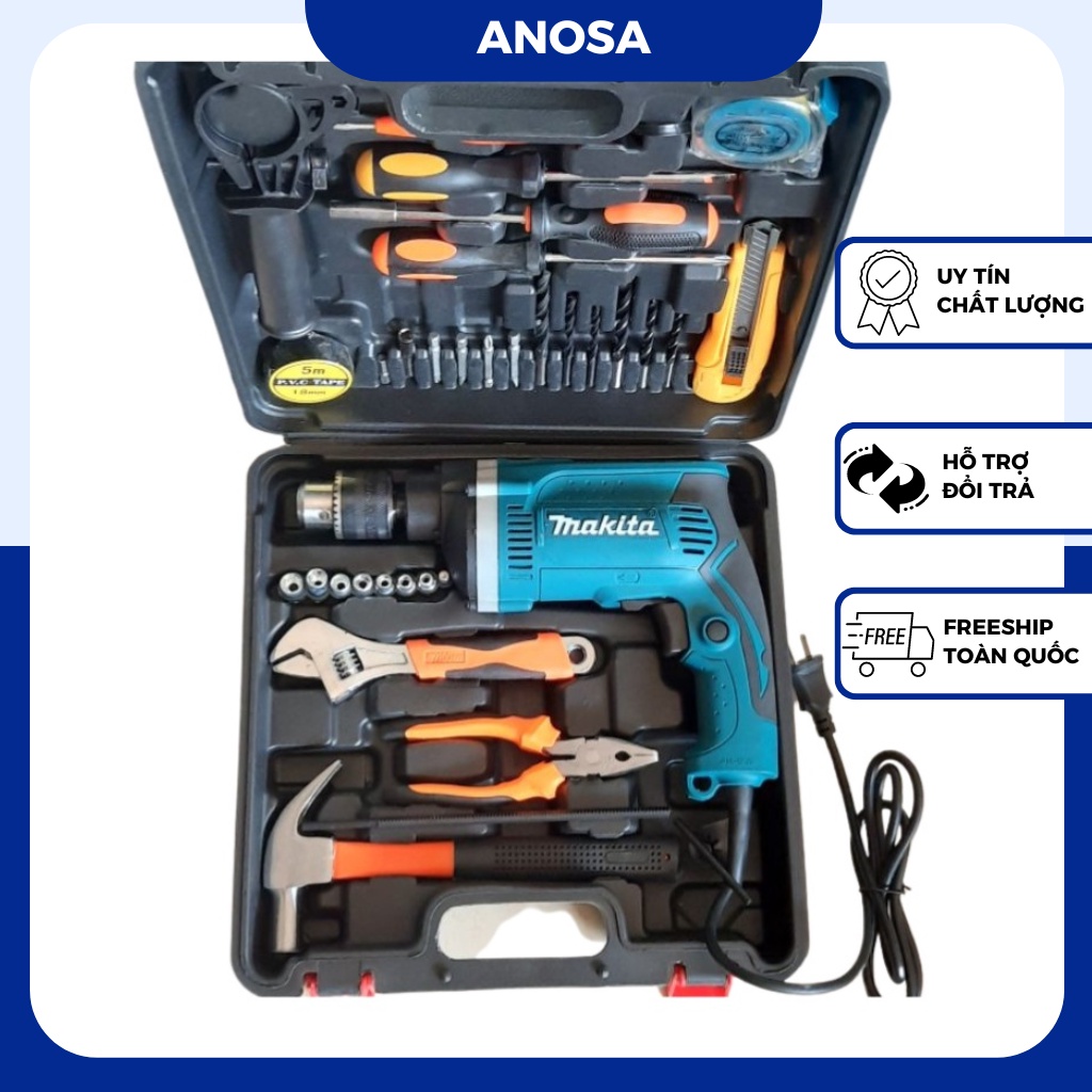 Máy khoan điện Makita, máy khoan tường sắt gỗ 13 ly RE full đồ nghề gia đình tặng kèm phụ kiện 45 chi tiết