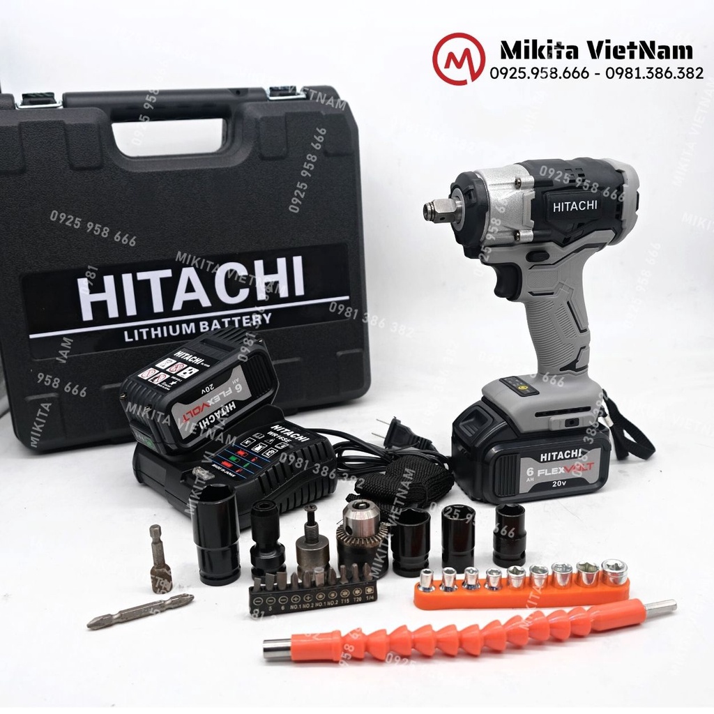 Máy siết bulong Hitachi 20v, động cơ không chổi than tặng đầu bắn tôn đầu bắn vít khẩu 22