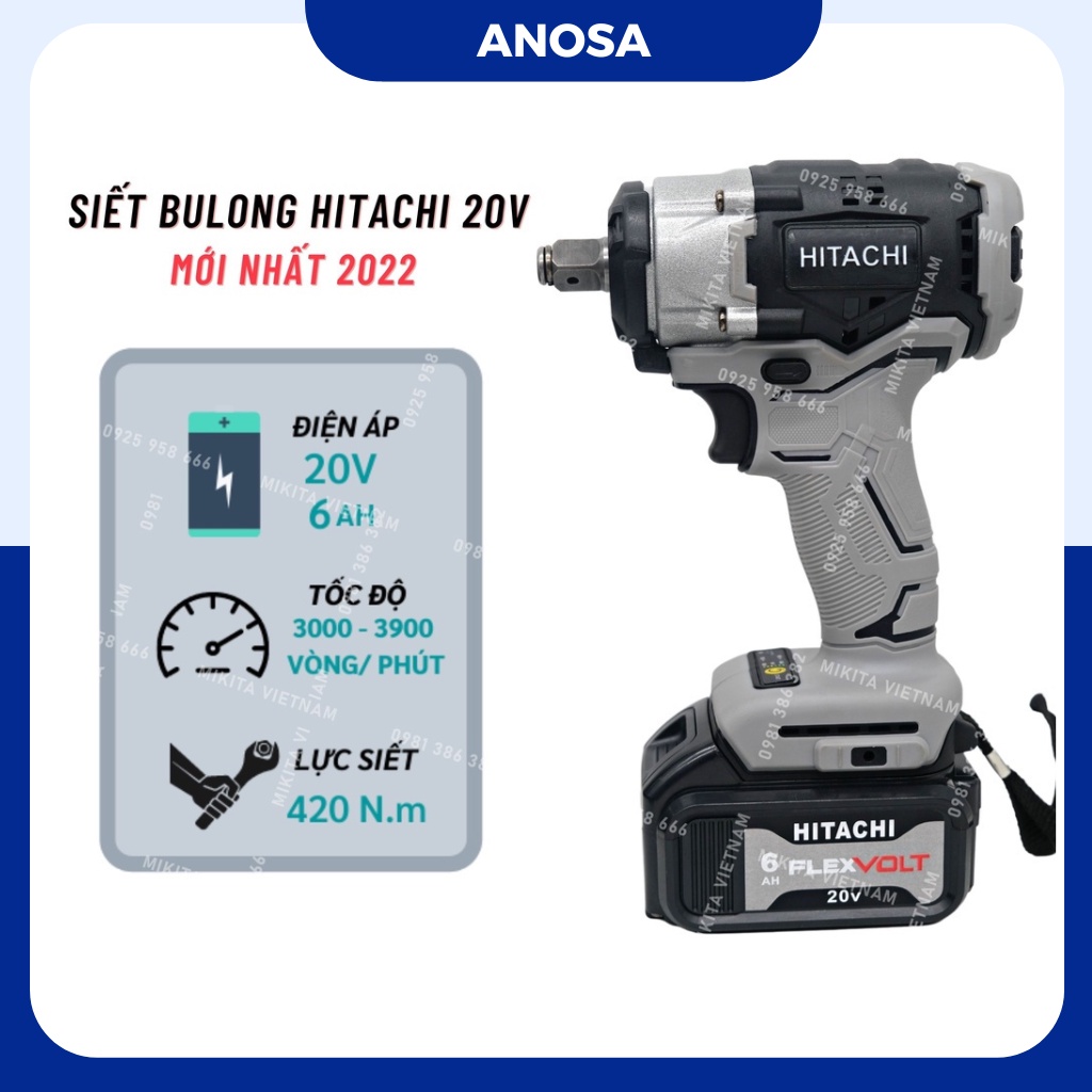 Máy siết bulong Hitachi 20v, động cơ không chổi than tặng đầu bắn tôn đầu bắn vít khẩu 22