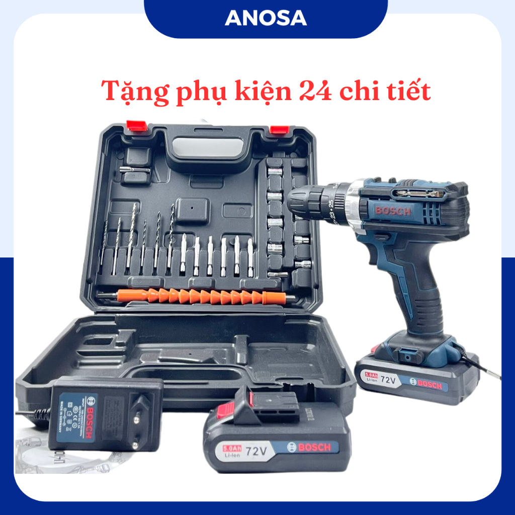 Máy khoan pin Bosch 72v, máy khoan cầm tay 3 chức năng có búa tặng bộ phụ kiện 24 chi tiết